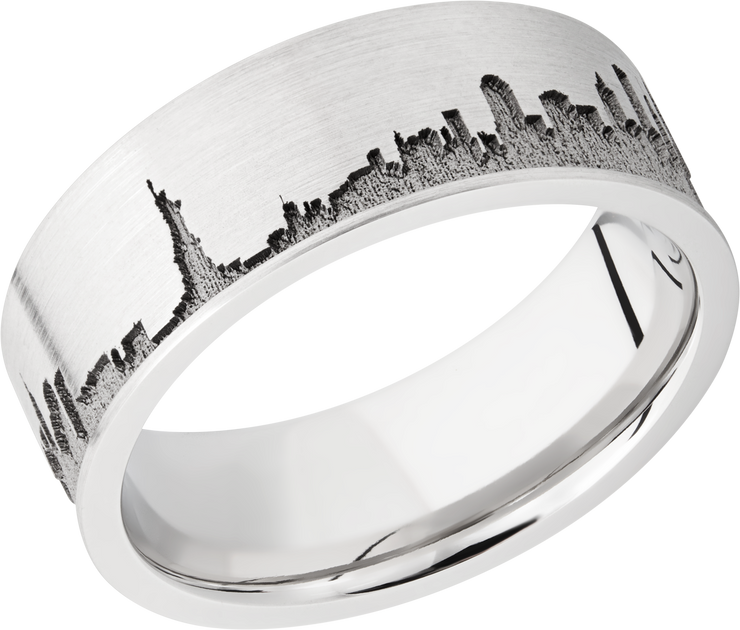 Cobalt chrome 8mm flat band with laser-carved New York skyline