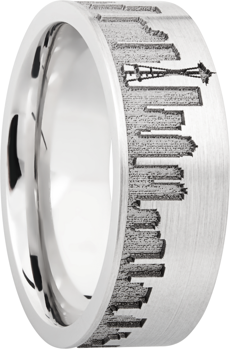 Cobalt chrome 8mm flat band with laser-carved Seattle skyline