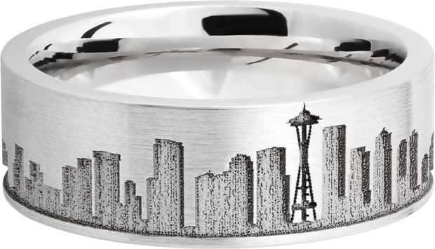 Cobalt chrome 8mm flat band with laser-carved Seattle skyline