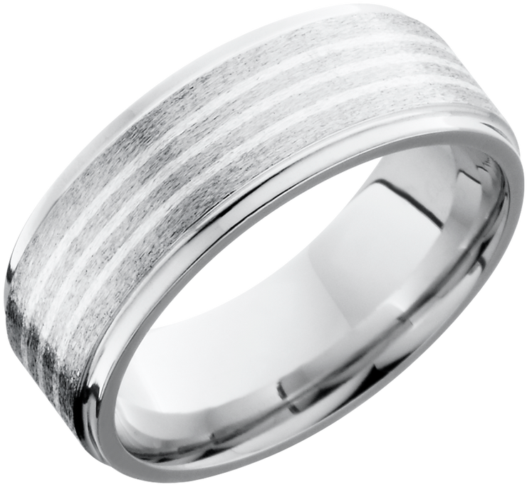 Cobalt chrome 8mm flat band with grooved edges featuring 3, .5mm inlays of sterling silver