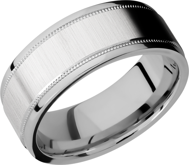 Cobalt chrome 8mm flat band with grooved edges and reverse milgrain detail