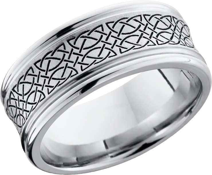 Cobalt chrome 9mm concave band with rounded edges and a laser-carved Celtic pattern