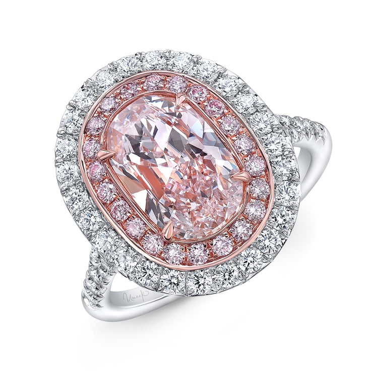 Uneek Cushion Light Pink Diamond Engagement Ring SI1 GIA Certified with Pink and White Diamond Side Stones