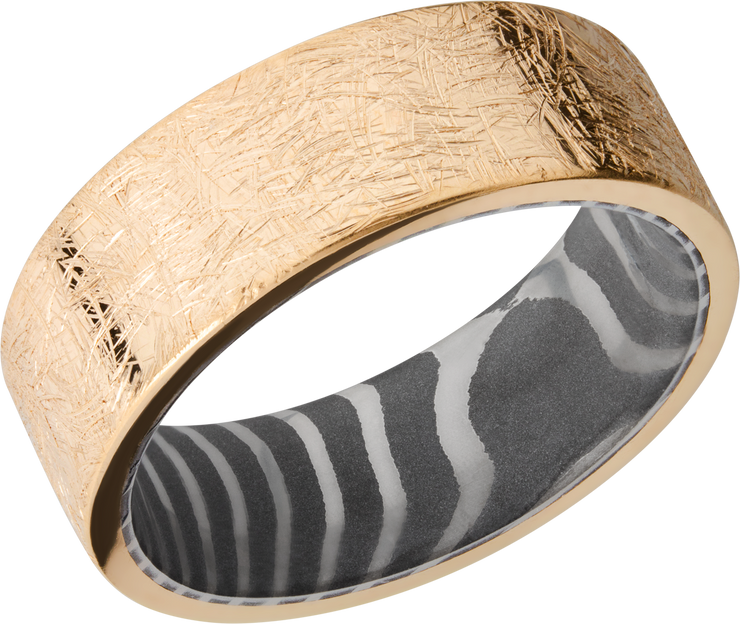 14K yellow gold 8mm band with a handmade tiger Damascus steel sleeve