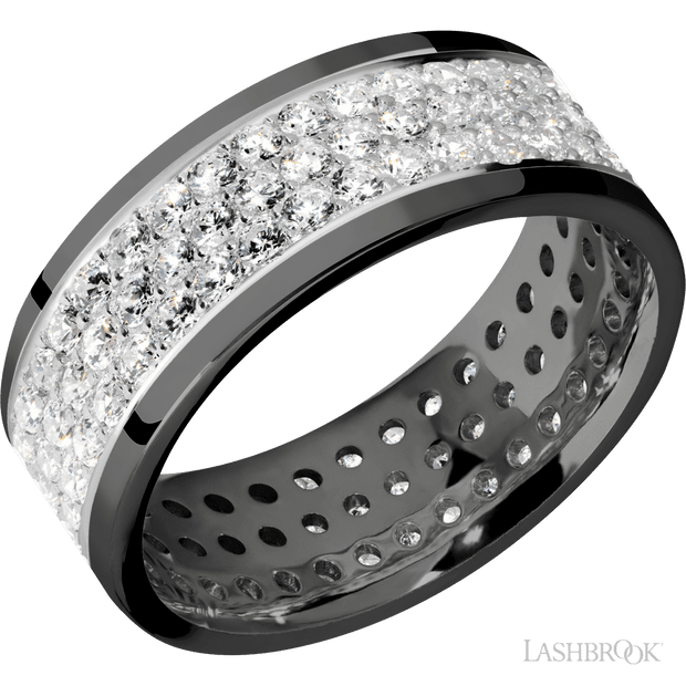 Black Zirconium 8mm flat band featuring a 6mm inlay of silver and 3 rows of .03ct, round lab diamonds.